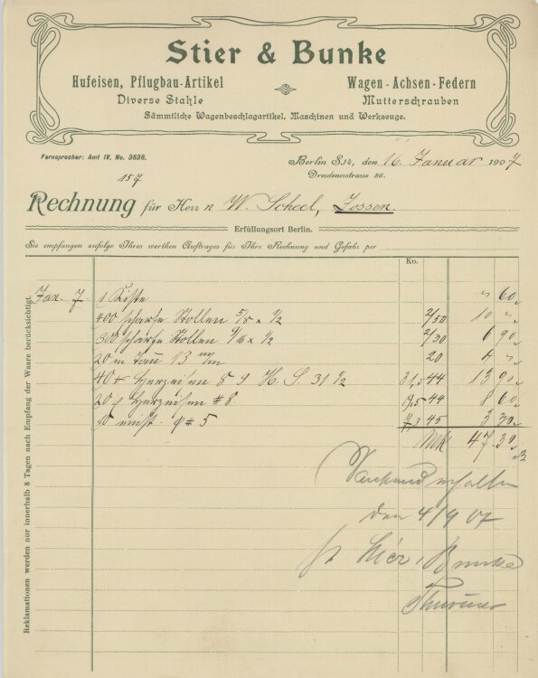 Wilhelm Scheel, Schmiedemeisteran Stier & Bunke- Rechnung - 16.01.1907