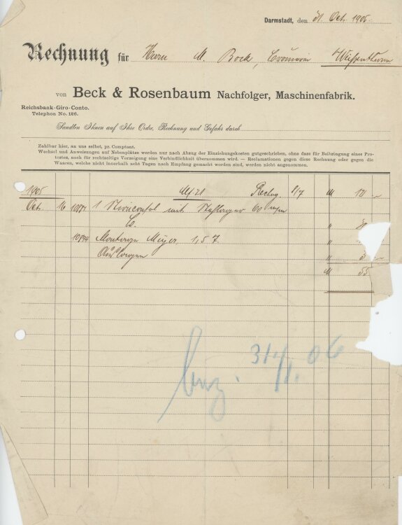 Martin Bock, Bierbraueran Beck & Rosenbaum Nachfolge, Maschinenfabrik- Rechnung - 31.10.1905