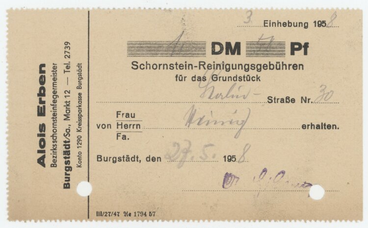 Familie Heinichan Alois Erben- Rechnung - 27.05.1958