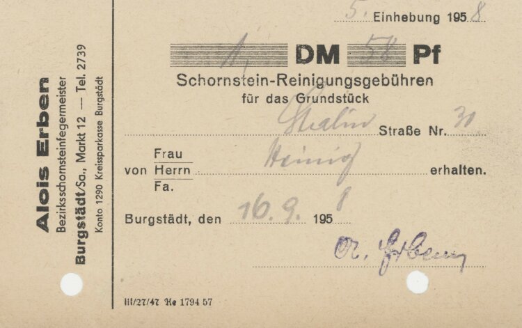 Familie Heinichan Alois Erben- Rechnung - 16.09.1958