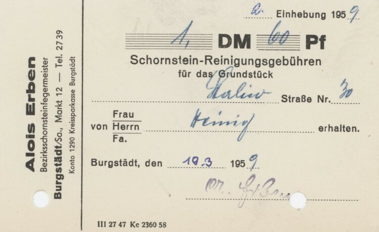 Familie Heinichan Alois Erben- Rechnung - 19.03.1959