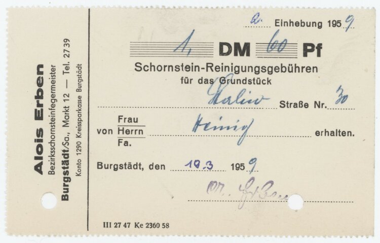 Familie Heinichan Alois Erben- Rechnung - 19.03.1959