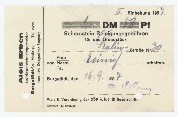 Familie Heinichan Alois Erben- Rechnung - 16.09.1957