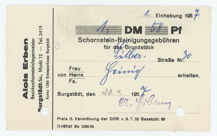 Familie Heinichan Alois Erben- Rechnung - 20.01.1957