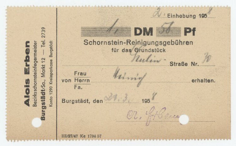 Familie Heinichan Alois Erben- Rechnung - 21.03.1958