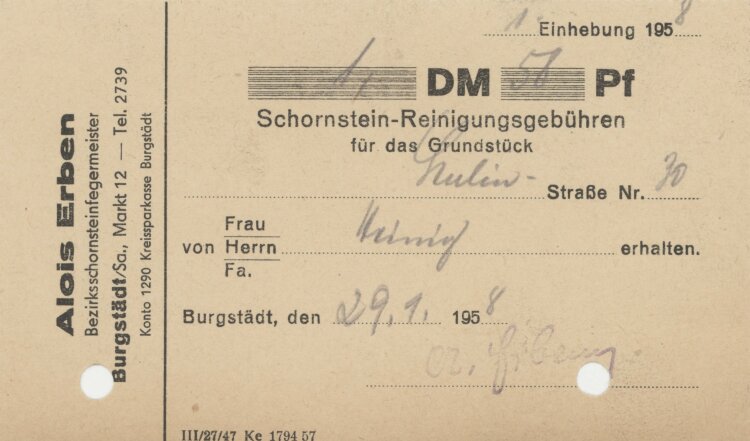 Familie Heinichan Alois Erben- Rechnung - 29.01.1958