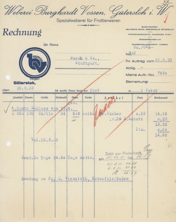 Busch & Coan Webere Burghardt Vossen- Rechnung - 21.08.1933
