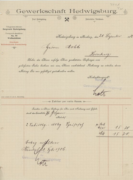 Herr Mohtsan Gewerkschaft Hedwigsburg- Rechnung - 20.12.1906