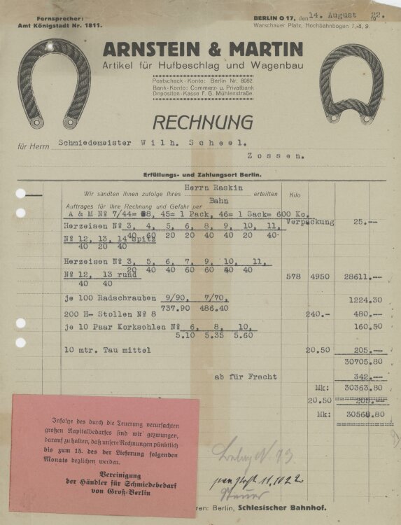 Wilhelm Scheel, Schmiedemeister.an Arnstein & Martin - artikel für Hufbeschlag und Wagenbau.- Rechnung - 14.08.1922