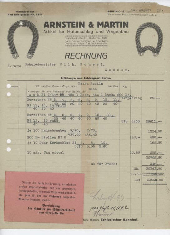 Wilhelm Scheel, Schmiedemeister.an Arnstein & Martin - artikel für Hufbeschlag und Wagenbau.- Rechnung - 14.08.1922