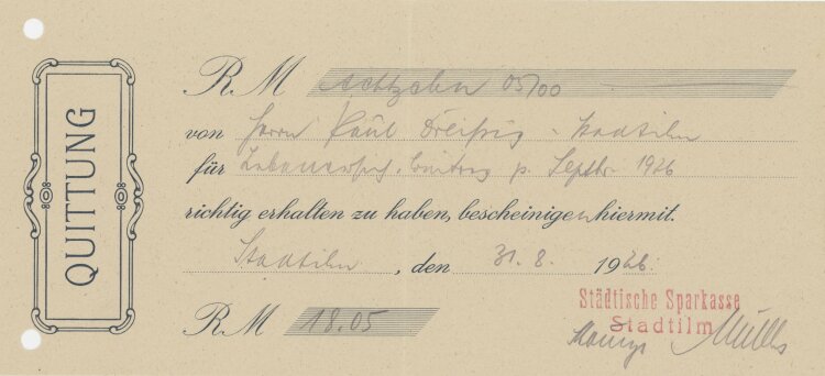 Städtische Sparkasse - Quittung - 31.08.1926
