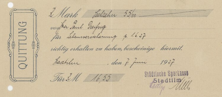 Städtische Sparkasse - Quittung - 07.06.1927