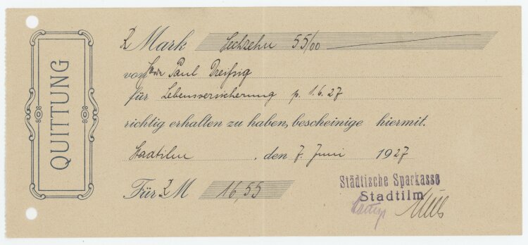 Städtische Sparkasse - Quittung - 07.06.1927