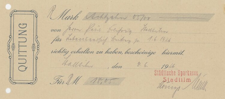 Städtische Sparkasse - Quittung - 03.06.1926