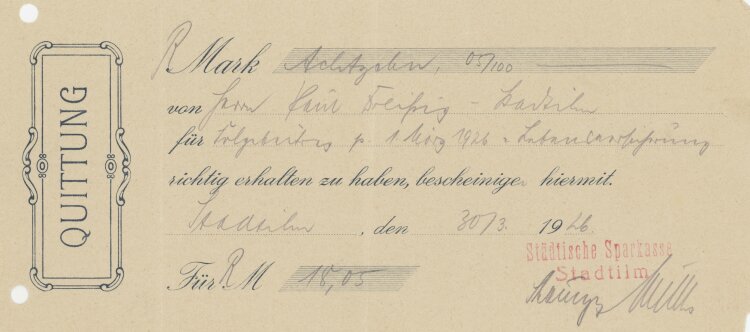 Städtische Sparkasse - Quittung - 30.03.1926