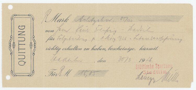 Städtische Sparkasse - Quittung - 30.03.1926