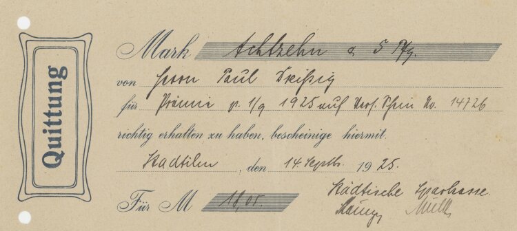 Städtische Sparkasse - Quittung - 14.09.1925