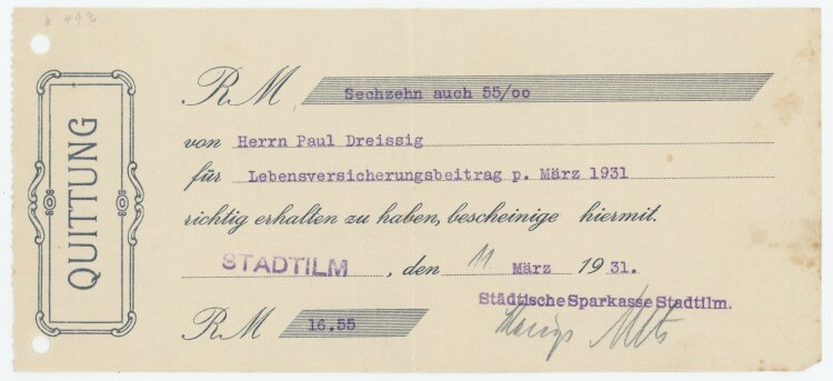 Städtische Sparkasse - Quittung - 11.03.1931