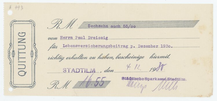 Städtische Sparkasse - Quittung - 04.12.1930