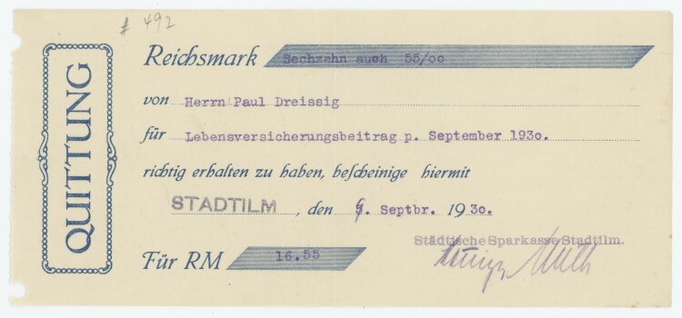 Städtische Sparkasse - Quittung - 09.09.1930