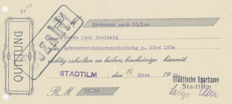 Städtische Sparkasse - Quittung - 14.03.1930