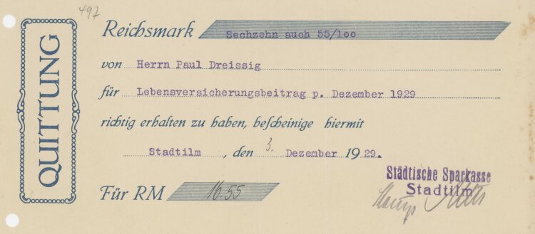 Städtische Sparkasse - Quittung - 03.12.1929