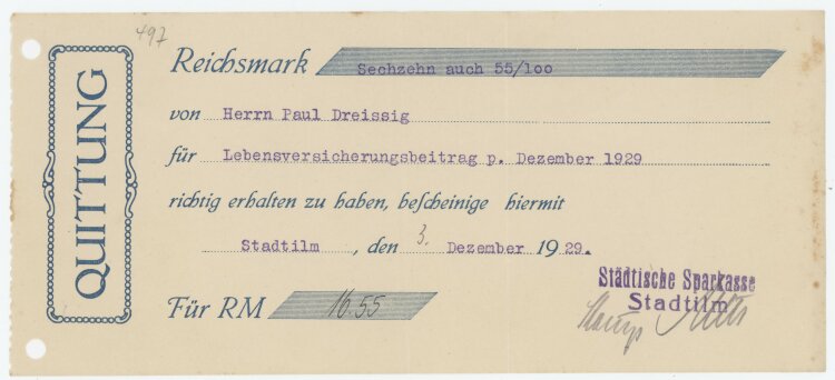 Städtische Sparkasse - Quittung - 03.12.1929