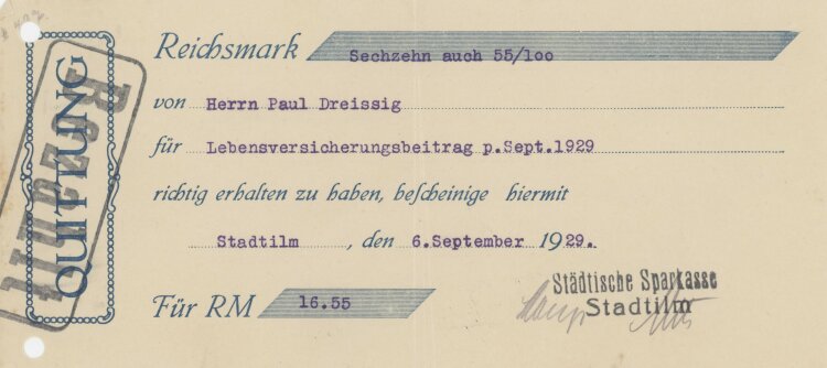 Städtische Sparkasse - Quittung - 06.09.1929