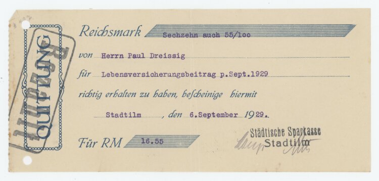 Städtische Sparkasse - Quittung - 06.09.1929