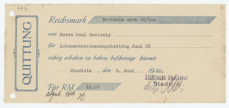 Städtische Sparkasse - Quittung - 03.06.1929