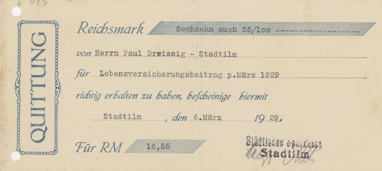Städtische Sparkasse - Quittung - 06.03.1929