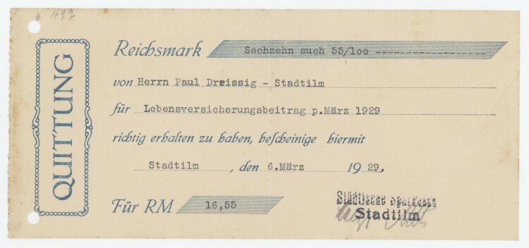 Städtische Sparkasse - Quittung - 06.03.1929