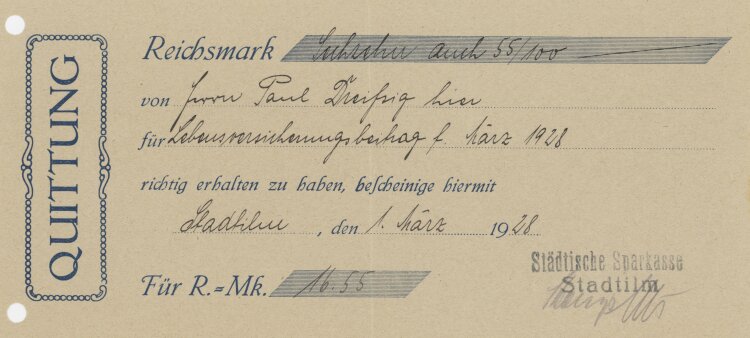 Städtische Sparkasse - Quittung - 01.03.1928