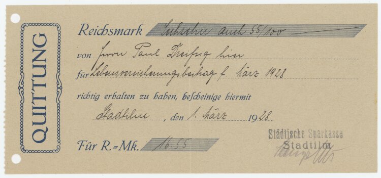 Städtische Sparkasse - Quittung - 01.03.1928
