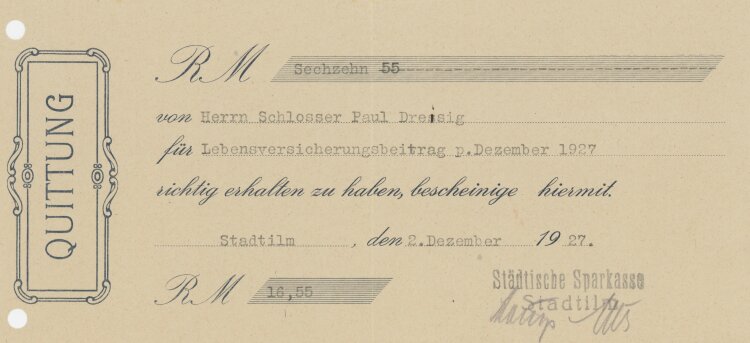 Städtische Sparkasse - Quittung - 02.12.1927