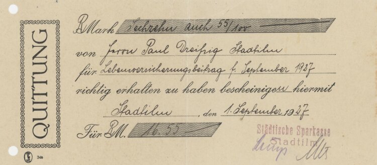 Städtische Sparkasse - Quittung - 01.09.1927
