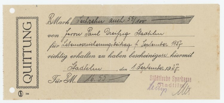 Städtische Sparkasse - Quittung - 01.09.1927