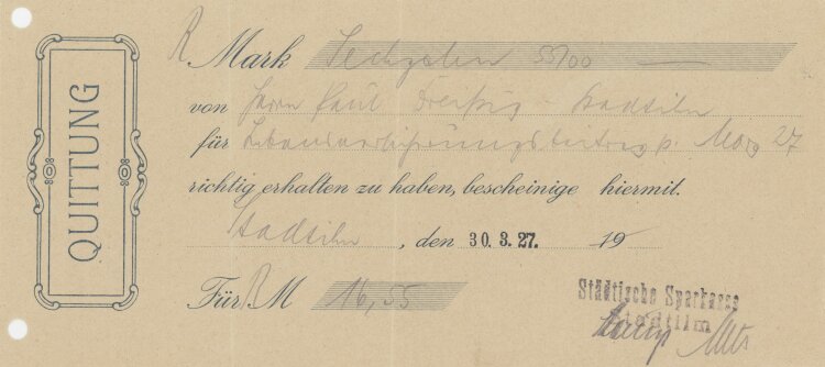 Städtische Sparkasse - Quittung - 30.03.1927