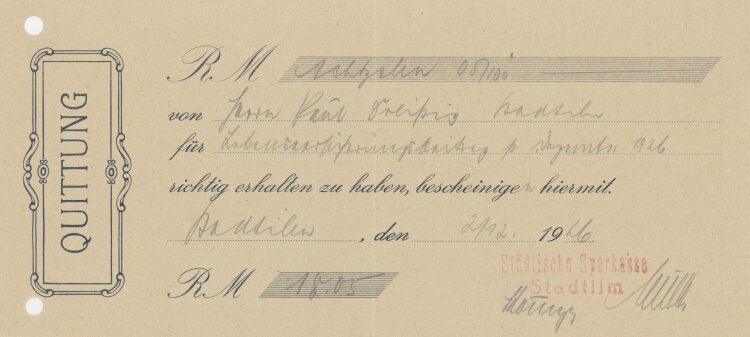 Städtische Sparkasse - Quittung - 02.12.1926
