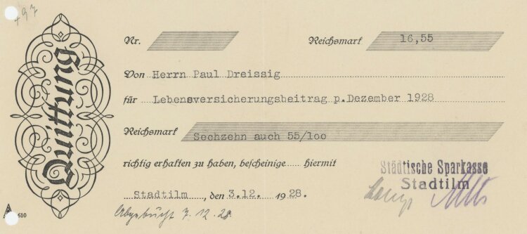 Städtische Sparkasse - Quittung - 03.12.1928