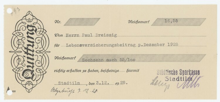 Städtische Sparkasse - Quittung - 03.12.1928