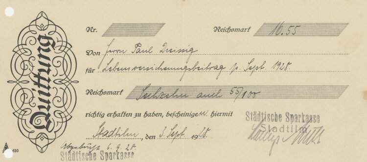 Städtische Sparkasse - Quittung - 03.09.1928