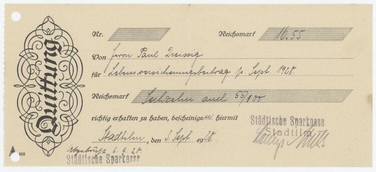 Städtische Sparkasse - Quittung - 03.09.1928