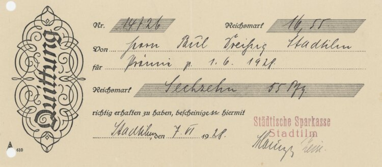 Städtische Sparkasse - Quittung - 07.06.1928