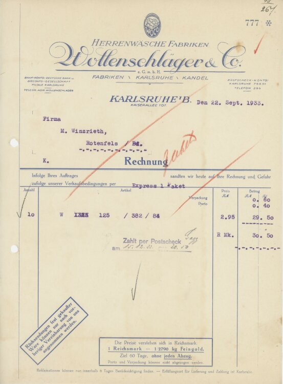 Firma M. Winzrieth (Kaufhaus)an Wollenschläger & Co- Rechnung - 22.09.1933