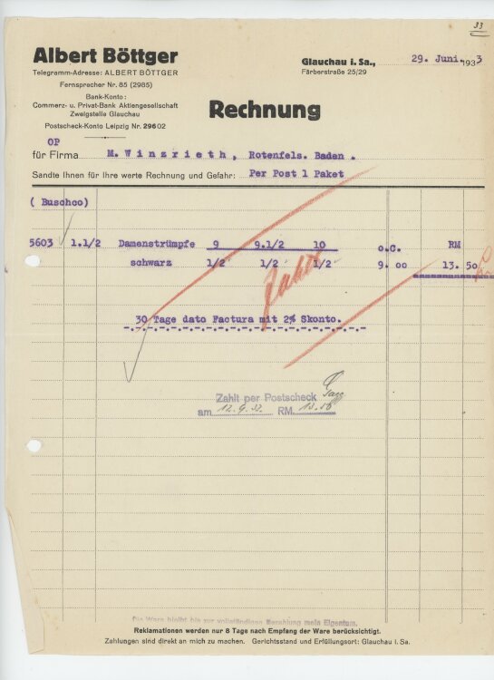 Firma M. Winzrieth (Kaufhaus)an Albert Böttger- Rechnung - 29.06.1933