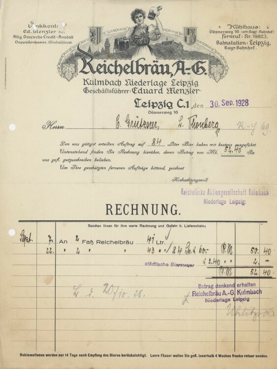 C. Grützner, Thonbergan Reichelbräu AAG- Rechnung - 30.09.1928