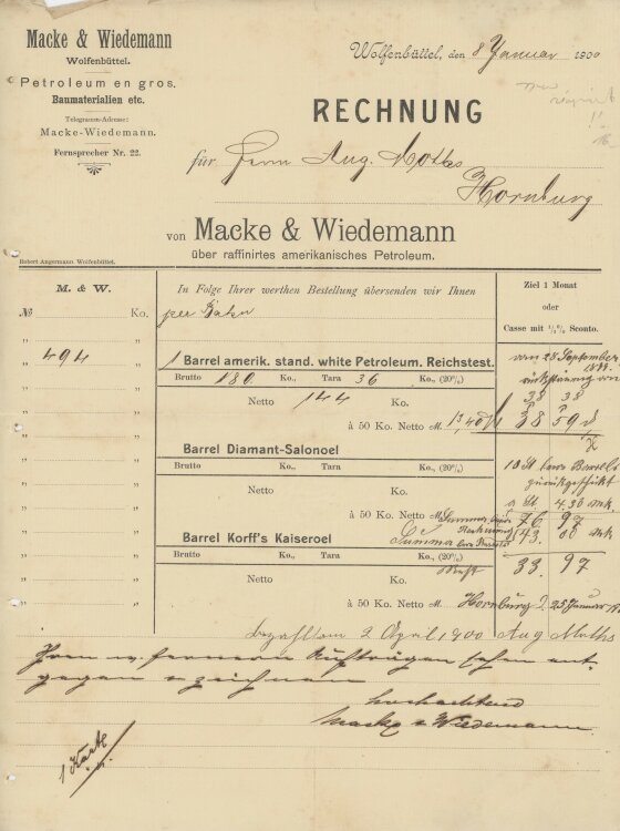 unleserlichan Macke & Wiedemann- Rechnung - 08.01.1900