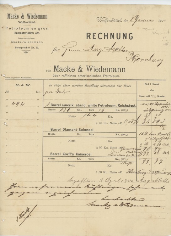 unleserlichan Macke & Wiedemann- Rechnung - 08.01.1900