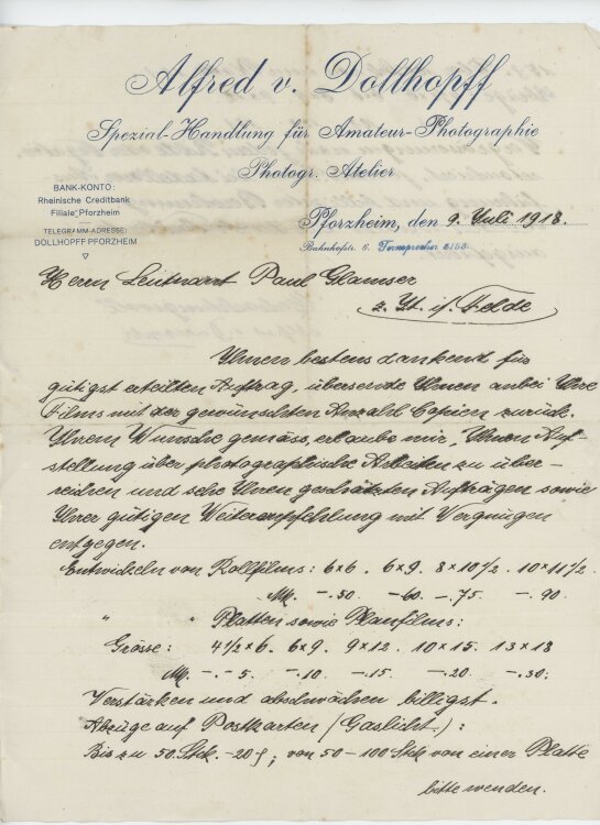 Leutnant Paul Glamseran Alfred von Dollhopff- Rechnung - 09.07.1918